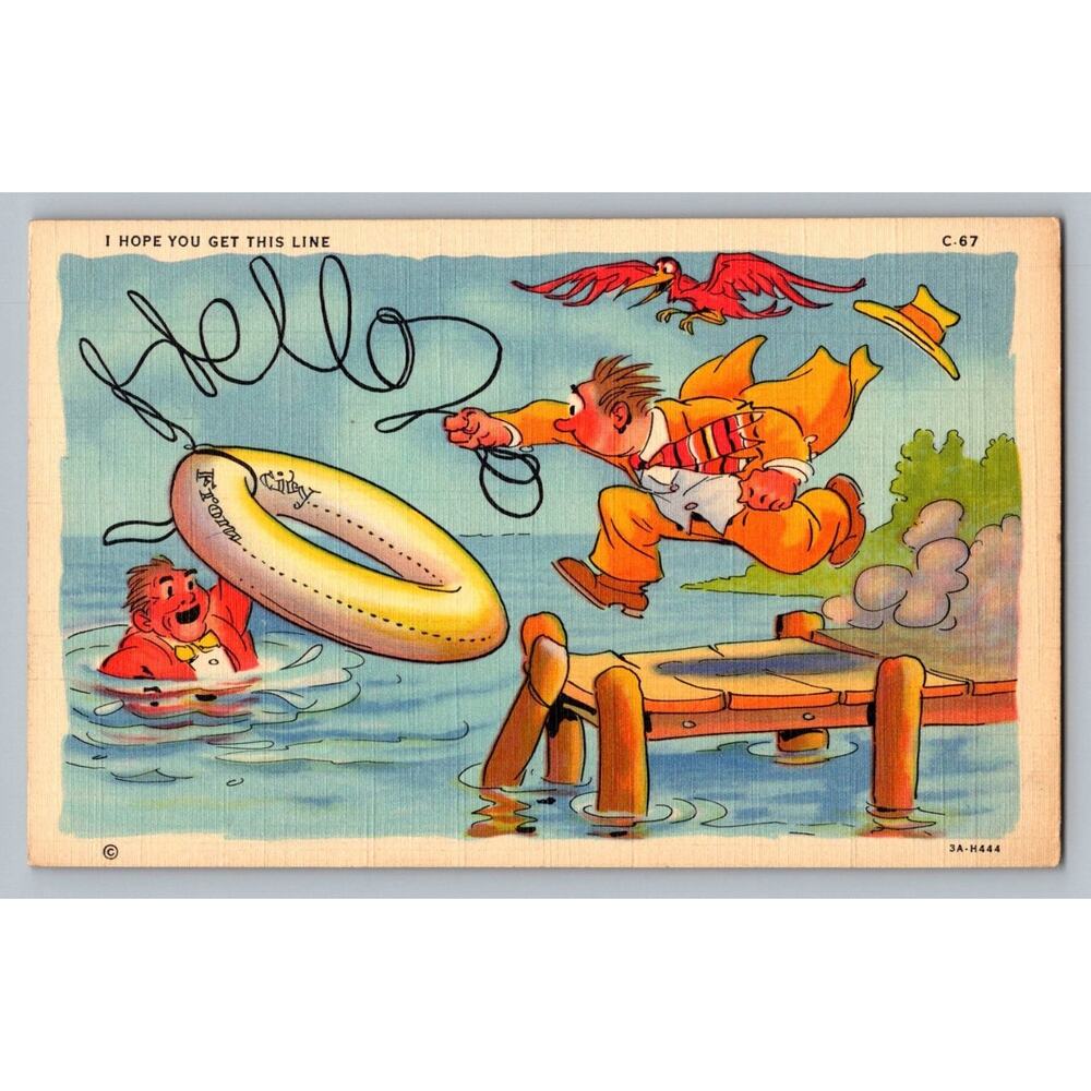 1941 I Hope You Get This Line Comic Humor Linen Postcard Hello Life Preserver